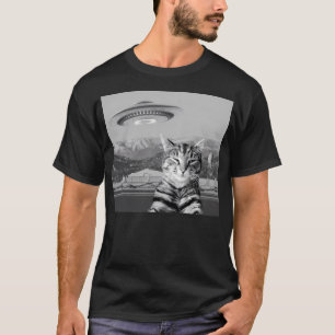 Katze Selfie Alien Raumschiff Ufo Berge Flugzeug M T-Shirt