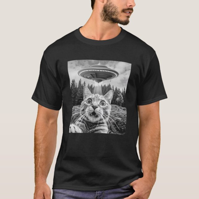 Katze Selfie mit Alien UFO Funny Cat für Männer Fr T-Shirt (Vorderseite)