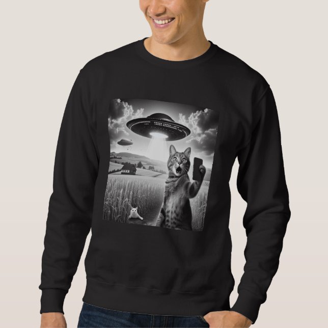 Katze Selfie mit Alien UFO Funny Cat Sweatshirt (Vorderseite)