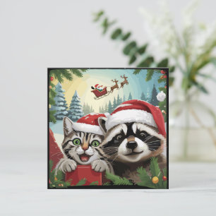 Katze Selfie mit Sleigh-Raccoon-Weihnachten Feiertagskarte