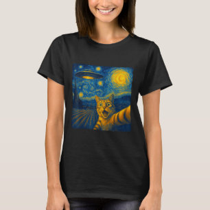 Katze Selfie mit Ufo Katzen Starry Night Van Gogh T-Shirt