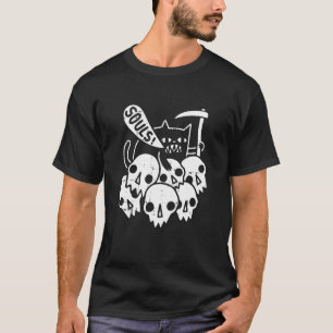 Katze Sensenmann Halloween Lustige Schädel Knochen T-Shirt
