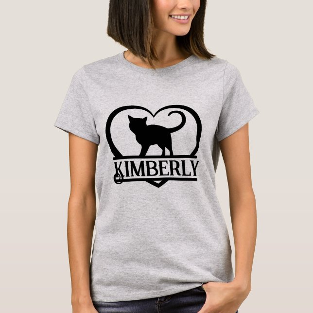 Katze Silhouette Herz geteiltes Monogramm T-Shirt (Vorderseite)