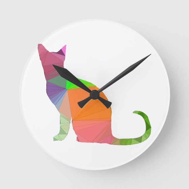 Katze Silhouette Low Poly Runde Wanduhr (Vorderseite)