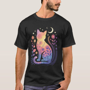 Katze Silhouette Mit Blumen Mond Und Sterne Mystic T-Shirt