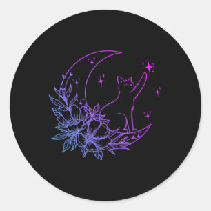 Katze sitzend auf Blume des Mondes Crescent Stars  Runder Aufkleber