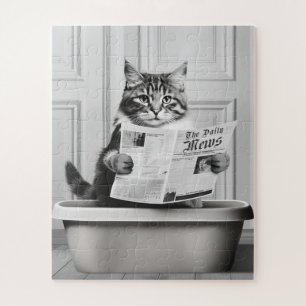 Katze sitzt auf der Toilette, Katze liest Nachrich Puzzle