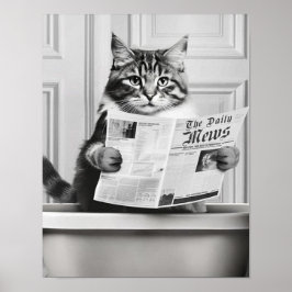 Katze sitzt auf der Toilette und liest eine Nachri Poster
