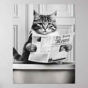 Katze sitzt auf der Toilette und liest eine Nachri Poster