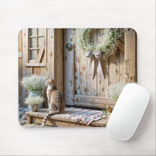 Katze sitzt auf einer Veranda-Stufe eines Bauernha Mousepad