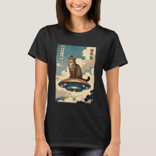 Katze sitzt auf UFO Surreal Scene Tee, süße Katze T-Shirt