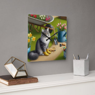Katze sitzt im Garten / Gartenliebhaber  Quadratische Wanduhr