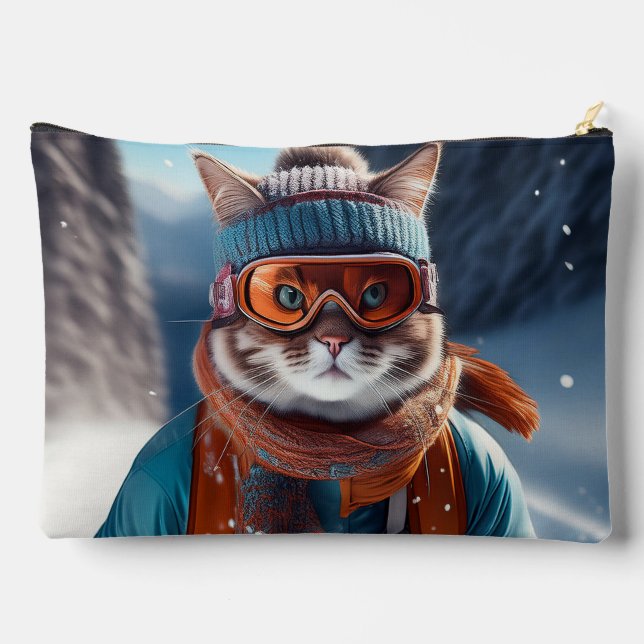 Katze Skifahren auf den verschneiten Alpen Zubehörtasche (Rückseite)