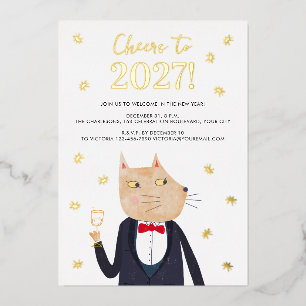 Katze Smoking Silvester 2027 Folien-Party-Einladun Folien Feiertagskarte