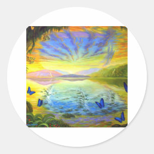 Katze, Sonnenaufgang und Fluss des Lebens Runder Aufkleber