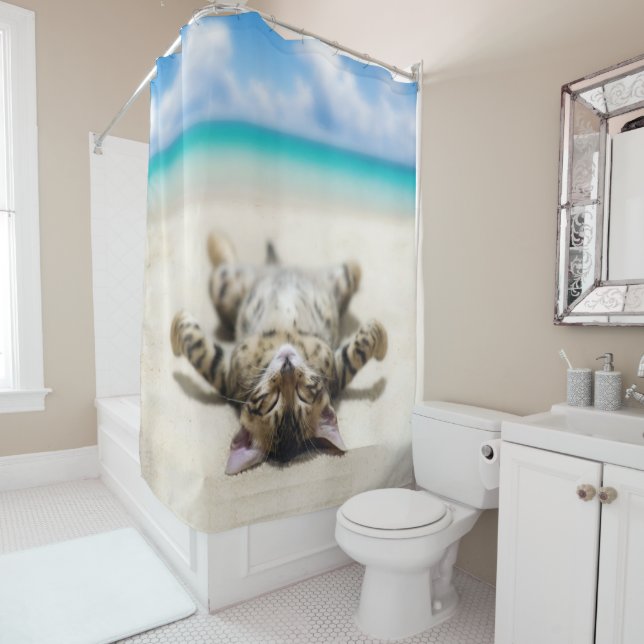 Katze Sonnenbaden am Strand Duschvorhang (Beispiel)