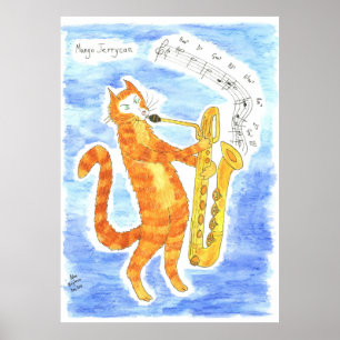 Katze spielt Bariton-Saxophon "Riesenschritte" Poster