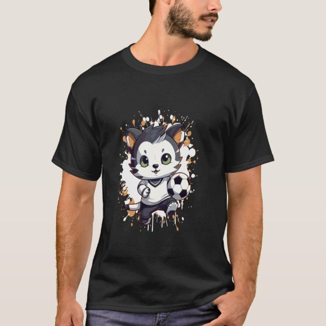Katze spielt Fußball Comic-Maskottchen T-Shirt (Vorderseite)