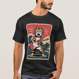 Katze spielt Gitarre Männer Frauen Distressed Rock T-Shirt