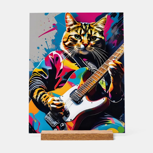 Katze spielt Gitarre, Rock Graffiti Acrylschild (Vorderseite)