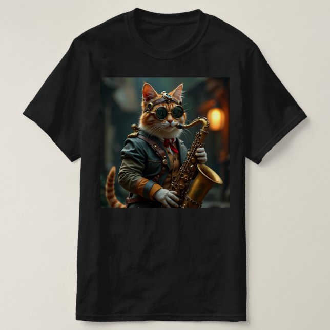 Katze spielt Saxophon. T-Shirt (Design vorne)