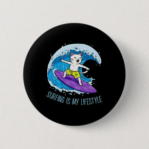 Katze surft auf einer Welle - Surfen ist mein Lebe Button