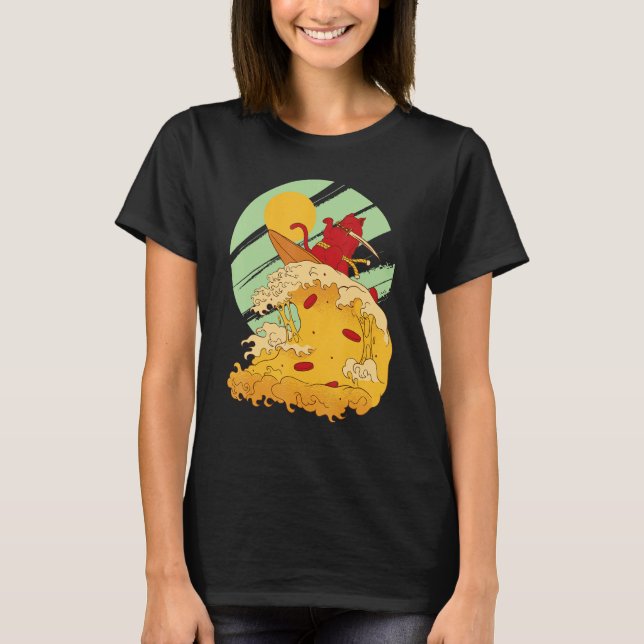 Katze surft Pizza im coolen Samurai-Stil T-Shirt (Vorderseite)