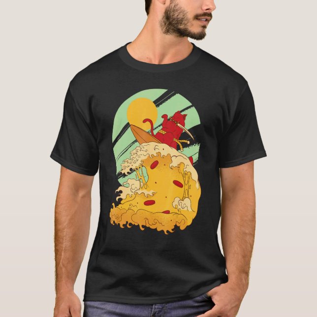 Katze surft Pizza im coolen Samurai-Stil T-Shirt (Vorderseite)