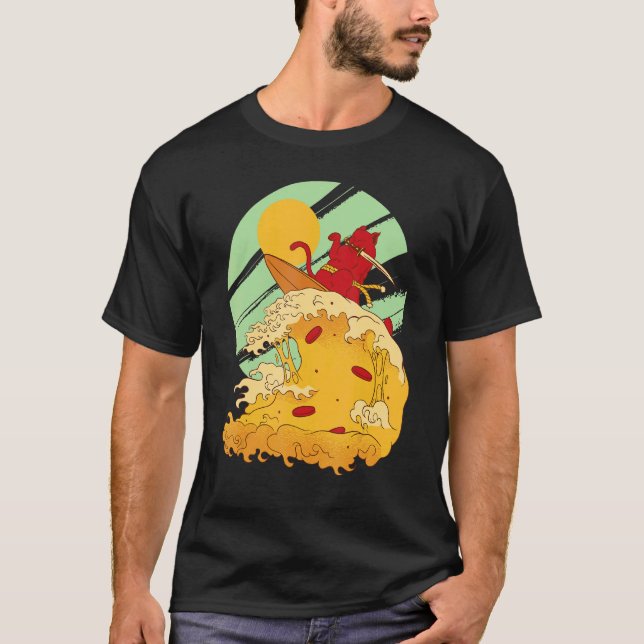 Katze surft Pizza im coolen Samurai-Stil T-Shirt (Vorderseite)
