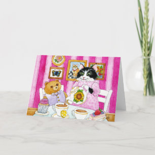 Katze, Teddybär, Tee, Party, Rosa, Karte