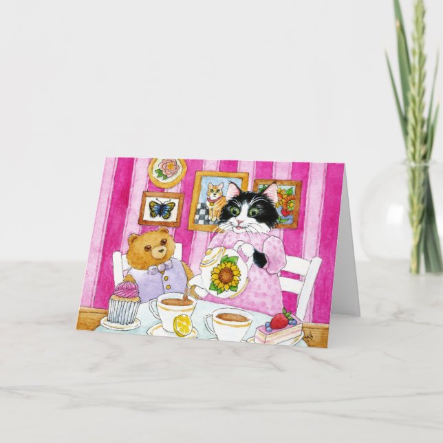 Katze, Teddybär, Tee, Party, Rosa, Karte (Vorderseite)
