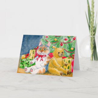Katze, Teddybär, Weihnachtsbaumkarte Feiertagskarte