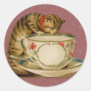 Katze Teetasse Niedlich Vintage Viktorianisch Haus Runder Aufkleber
