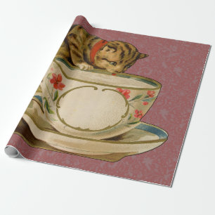 Katze Teetasse Süß Vintage Viktorianisch Haustier Geschenkpapier