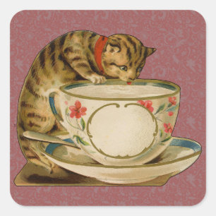 Katze Teetasse Süß Vintage Viktorianisch Haustier Quadratischer Aufkleber
