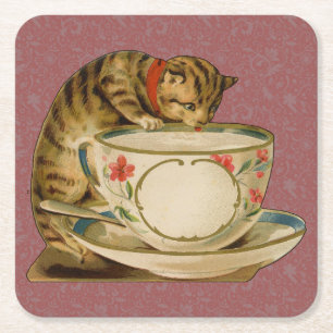 Katze Teetasse Süß Vintage Viktorianisch Haustier Rechteckiger Pappuntersetzer