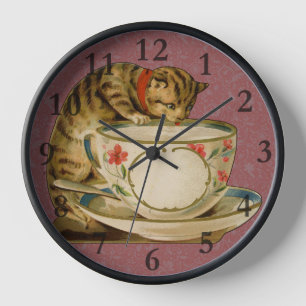 Katze Teetasse Süß Vintage Viktorianisch Haustier Uhr