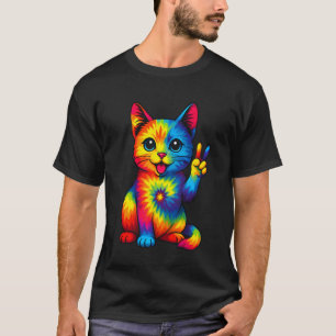 Katze Tie Dye Friedenszeichen Hippie Lustige Katze T-Shirt