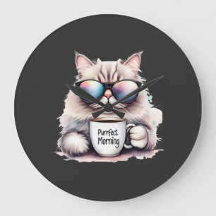 Katze trägt eine Sonnenbrille und hält eine Kaffee Große Wanduhr