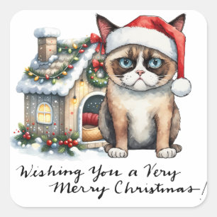 Katze trägt Weihnachtsmannmütze für Weihnachten Th Quadratischer Aufkleber
