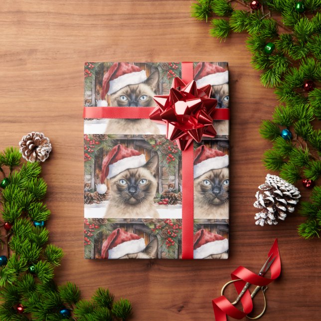 Katze trägt Weihnachtsmannmütze für Weihnachts-Par Geschenkpapier (Feiertagsgeschenk)