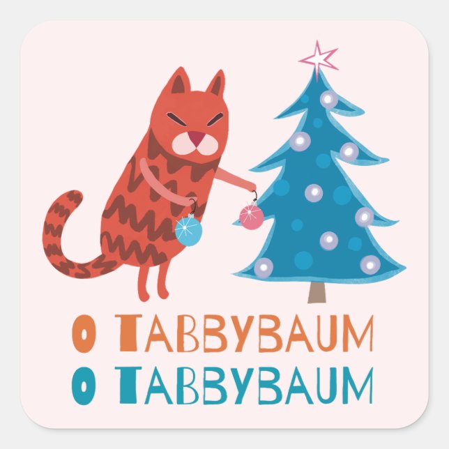 Katze trimmt den Weihnachtsbaum Quadratischer Aufkleber (Vorderseite)