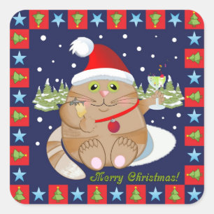 Katze trinken einen Cocktail + Text Weihnachtsaufk Quadratischer Aufkleber