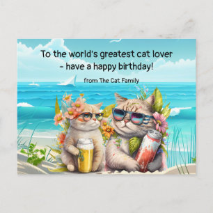 Katze trinkt am Strand Geburtstag Postkarte