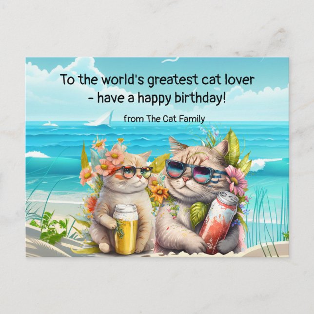 Katze trinkt am Strand Geburtstag Postkarte (Vorderseite)