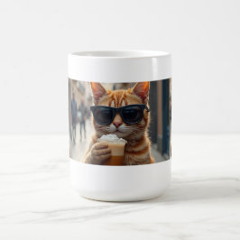 Katze trinkt Kaffee auf einer Straße Kaffeetasse