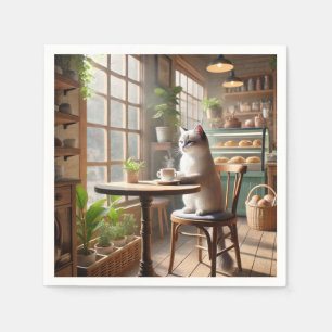 Katze trinkt Kaffee im Café Serviette