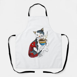 Katze trinkt Kaffee mit Fisch Tattoo Katze & Kaffe Schürze