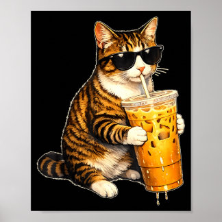 Katze trinkt kalten Kaffee mit Sonnenbrille Tier Poster