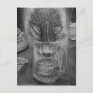 Katze Trinkwasser Niedliche ursprüngliche Holzkohl Postkarte